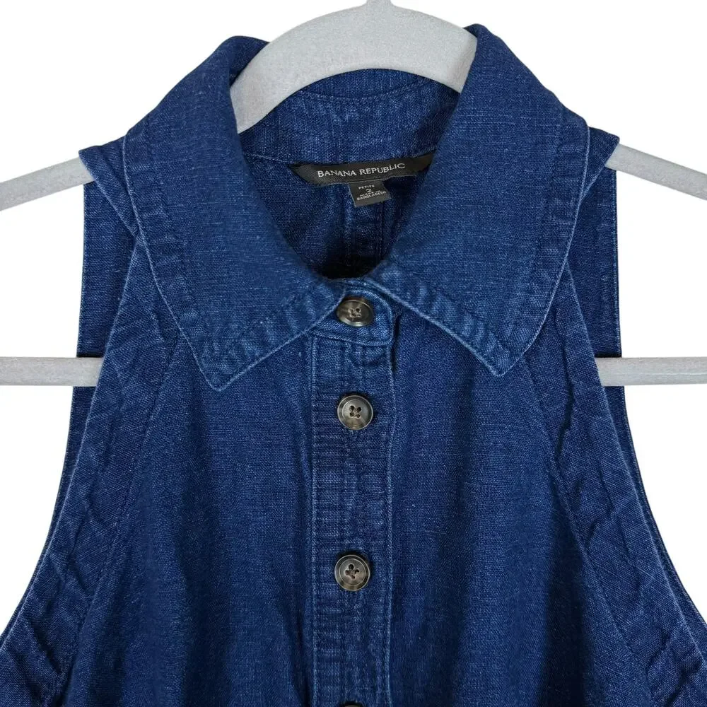 Banana Republic Camp Romper Womens 2 Petite Blue Linen Button Front Tie Waist‎